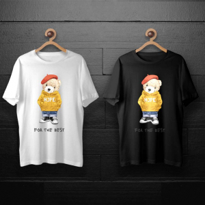 رطرح لایه باز خرس تدی با هودی زرد و نوشته امید برای چاپ روی انواع تیشرت